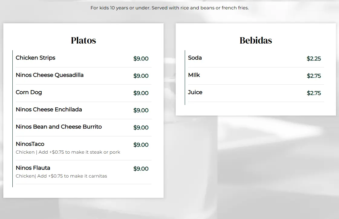 El Jardín kids and niños menu